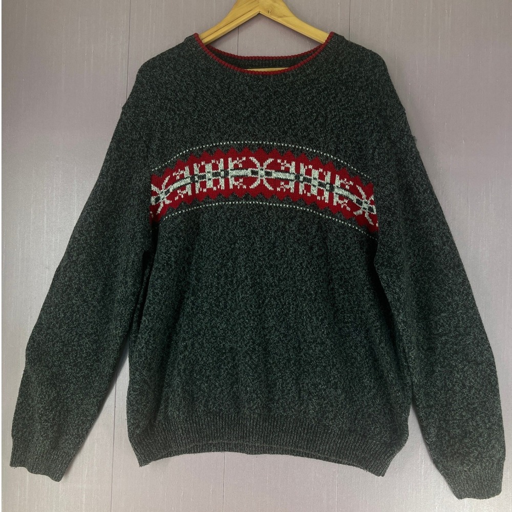 Eddie Bauer Mens XL Charcoal Grey Fair Isle Nordic Cotton Blend Crewneck Sweater